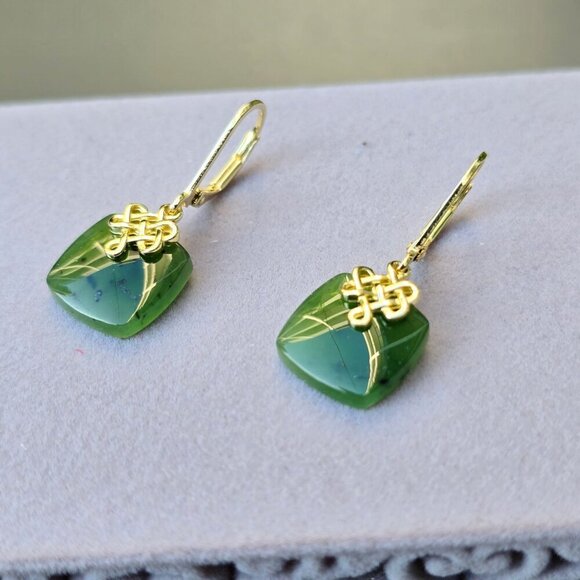 Dynasty ✦ Nephrite Jade Square Drops ✦ 18k Gold Over 925 Silver Earrings NWT - Picture 3 of 17